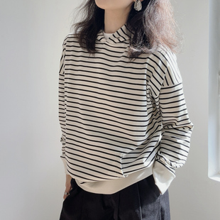 宽松慵懒风法式黑白条纹内搭外穿连帽卫衣外套女秋2026新款小个子