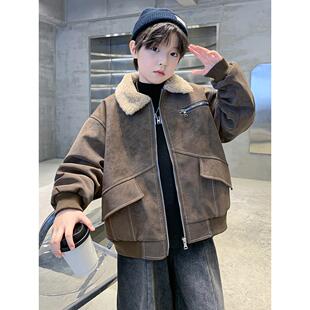 香港BAKUXIA男童加绒皮衣2025冬季新款中大童羊羔绒内里加厚外套