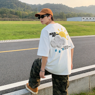 纯棉美式 DUKE T恤夏季 短袖 高级宽松白色青少年潮牌上衣 DEXTER男士