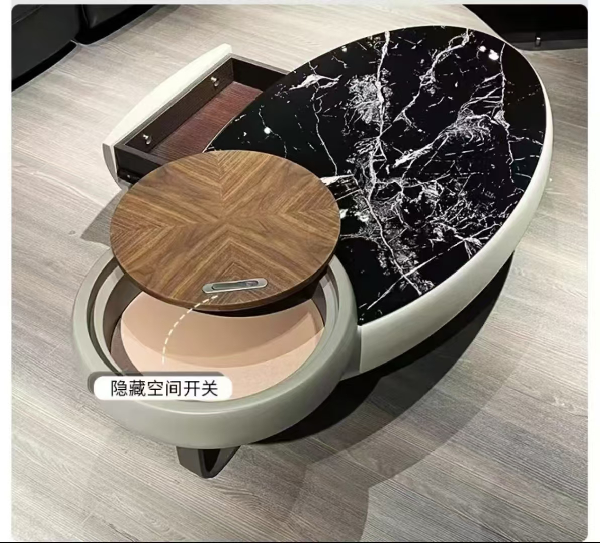 天然大理石拼接胡桃木原木茶几高低差茶几设计高级感意式茶几组合