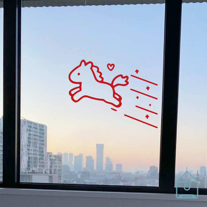 马年可爱图案新春节日店铺橱窗户玻璃门防撞阳台厨房背景装饰贴纸