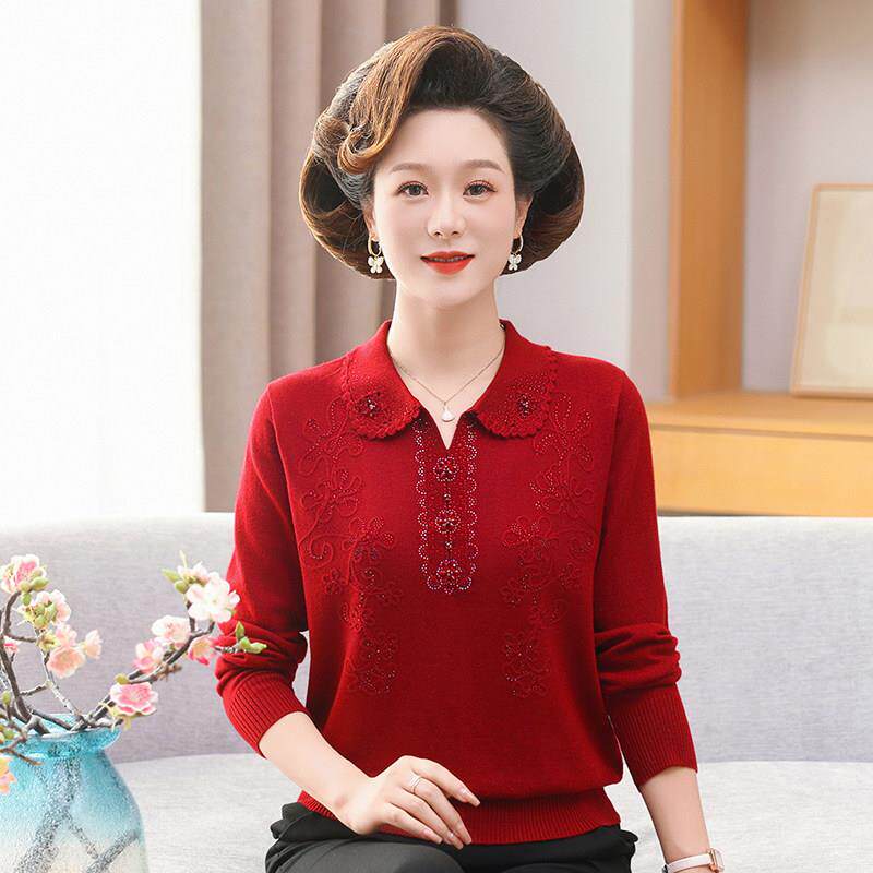 妈妈秋装打底衫2025新款本命年红色中老年羊毛衫女秋冬老人毛衣女
