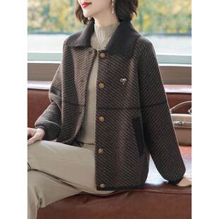 中老年人秋装翻领毛呢外套短款女装2025新款洋气质妈妈装春秋上衣