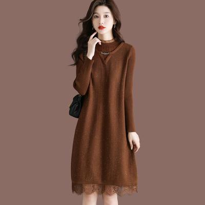 秋冬中长款蕾丝羊毛针织连衣裙女配大衣毛衣裙洋气内搭打底