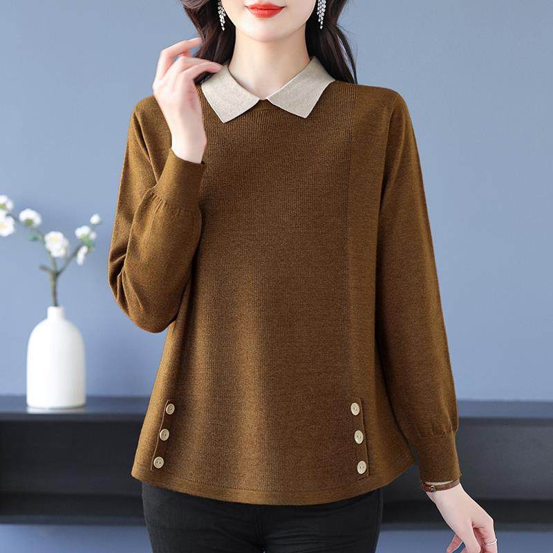 桑蚕丝长袖t恤女春秋妈妈装翻领大码宽松遮肚显瘦上衣针织打底衫