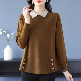 桑蚕丝长袖t恤女春秋妈妈装翻领大码宽松遮肚显瘦上衣针织打底衫