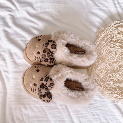 卡通豹纹凯蒂猫毛毛拖鞋女保暖