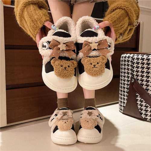 可爱少女心蝴蝶结小熊保暖棉鞋女