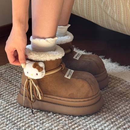 三丽鸥正版HelloKitty厚底雪地靴女冬季绑带增高防滑保暖东北棉靴