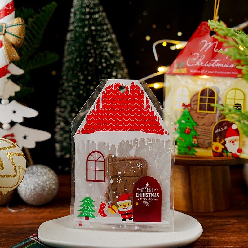 圣诞节创意房子造型糖果袋圣诞老人礼物包装袋饼干袋挂孔自粘袋