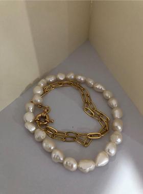 新款叠戴珍珠项链女ins简约小众设计感锁骨颈链潮