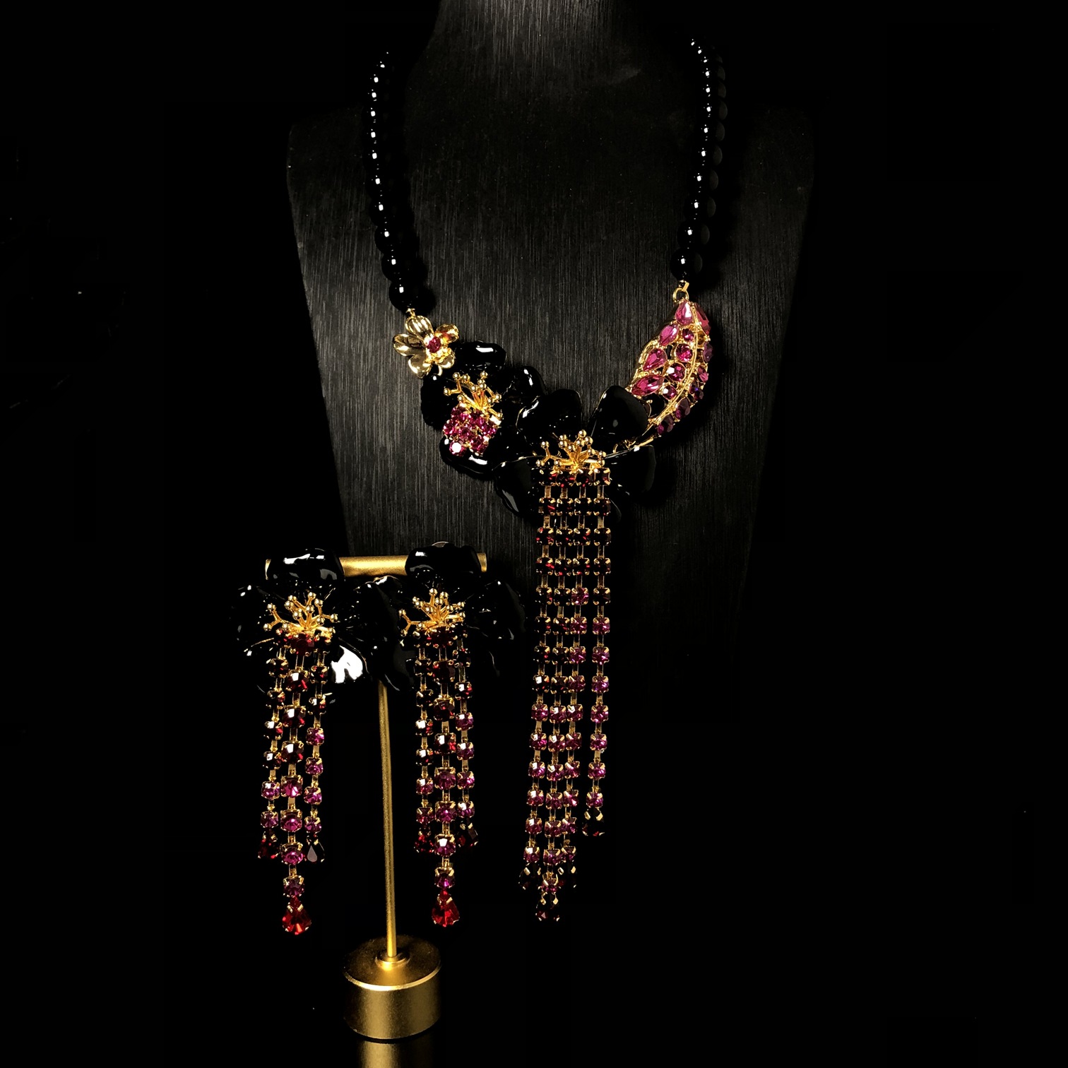 时尚百搭中古首饰套装电镀真金串珠项链花朵珐琅优流苏长款耳钉