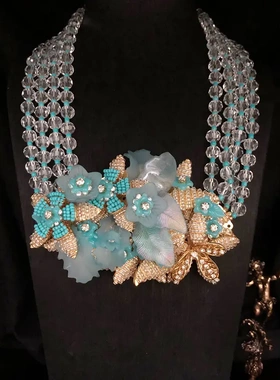 vintage中古饰品手工编织重工设计立体花朵项链多层串珠优雅百搭