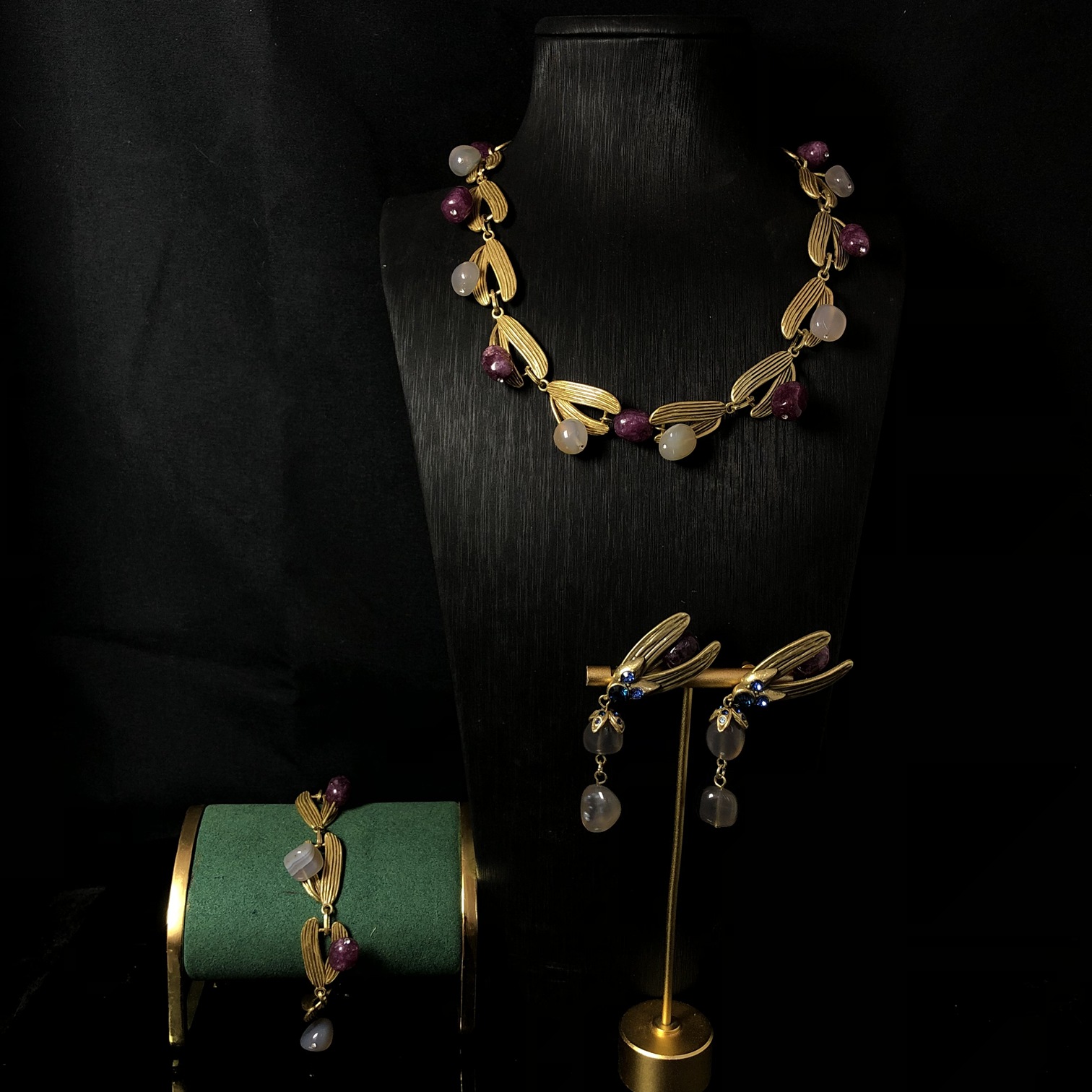 西洋中古风做旧款式铜材质石头珠镶嵌项链耳环手链百搭套装优雅