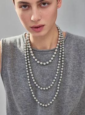新款高级感复古灰色珍珠长项链小众设计手工串珠时尚气质毛衣链女