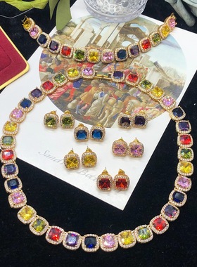 中古vintage饰品法式复古铜材质彩色切面钻微奢项链手链耳环套装