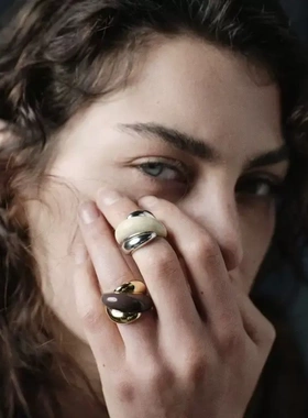 欧美复古奶油拼色珐琅开口戒指小众设计高级感轻奢气质巧克力指环