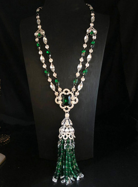 新款中古风重工镶锆石祖母绿宝石钻长款流苏吊坠项链时尚百搭首饰