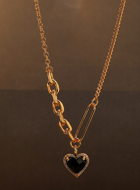 欧美时尚新款个性黑色爱心项链女百搭感轻奢复古气质锁骨链女