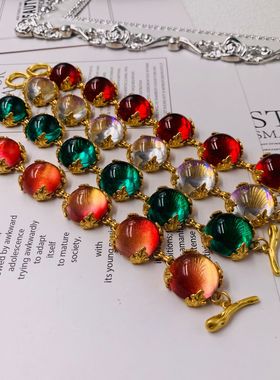 中古vintage西洋宫廷立体镶嵌纯铜电镀真金保色琉璃手链