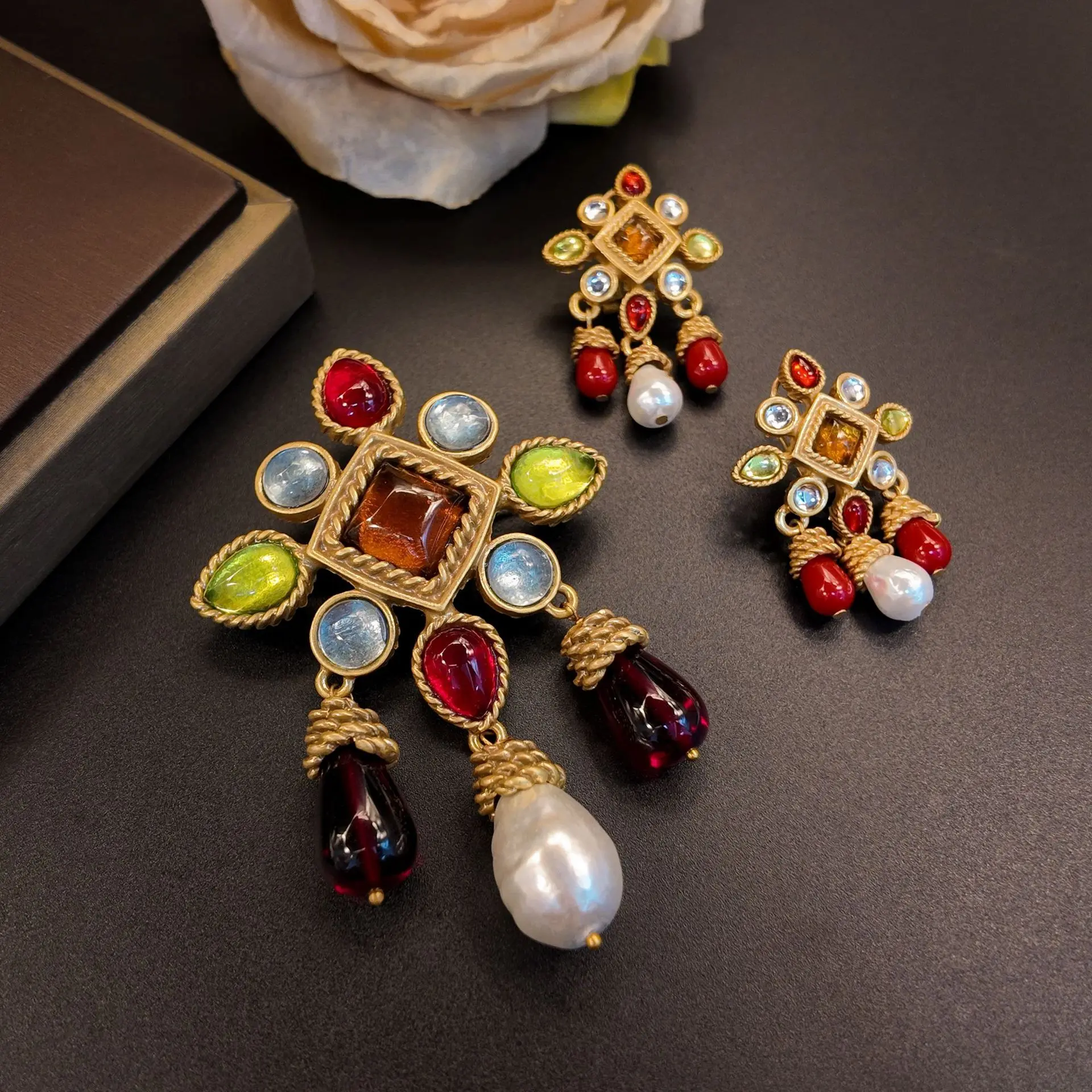 复古高级感多彩琉璃几何耳钉胸针首饰套装女中古文艺气质饰品
