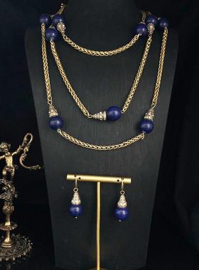 vintage复古时尚饰品青金石宝石镶嵌百搭毛衣链长款项链耳环套装