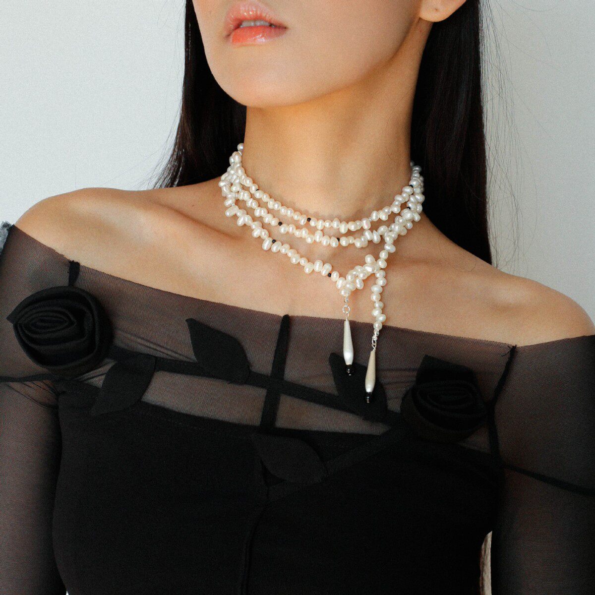 欧美拉丝长条水滴错落珍珠长项链女ins简约时尚通勤潮流毛衣链
