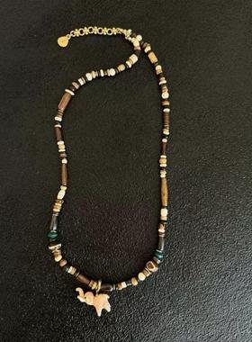 春夏新款棕色串珠搭配橘粉色立体小象项链小众设计高级感锁骨链女