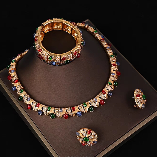 中古复古铜镶嵌莱茵石彩色项链 耳钉 手镯 时尚轻奢优雅个性套装