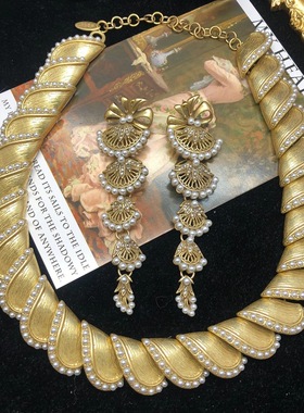 vintage复古饰品素金做旧款项链镂空耳坠镶珍珠颈链耳环百搭套装