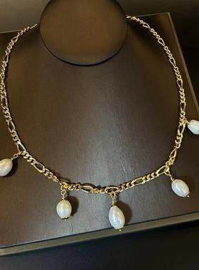 欧美ins风时尚项链潮流街头街拍港风颈链简约金属淡水珍珠锁骨链