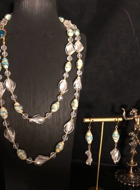 白色不规则琉璃珠长款项链同款铜耳勾耳环套装中古西洋风毛衣链女
