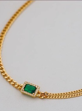 欧美复古时尚个性方形绿色锆石项链女百搭感轻奢简约小众颈链