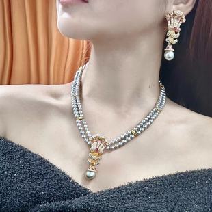 书册款原创设计复古高级施家仿珍珠项链耳钉镶钻皇冠中古套装