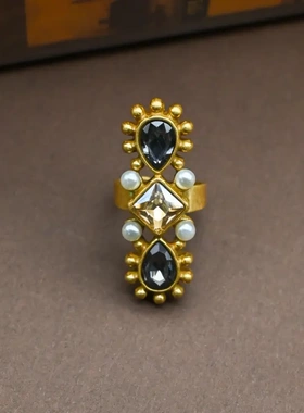 中古浮雕花黑金色豹纹天然石头壳蝴蝶光面开口戒指春季新款