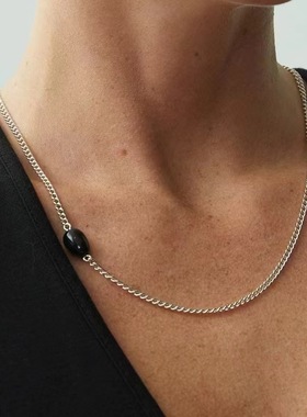 链条毛衣链小众设计感项链锁骨链黑色单珠银项链黑曜石颈链