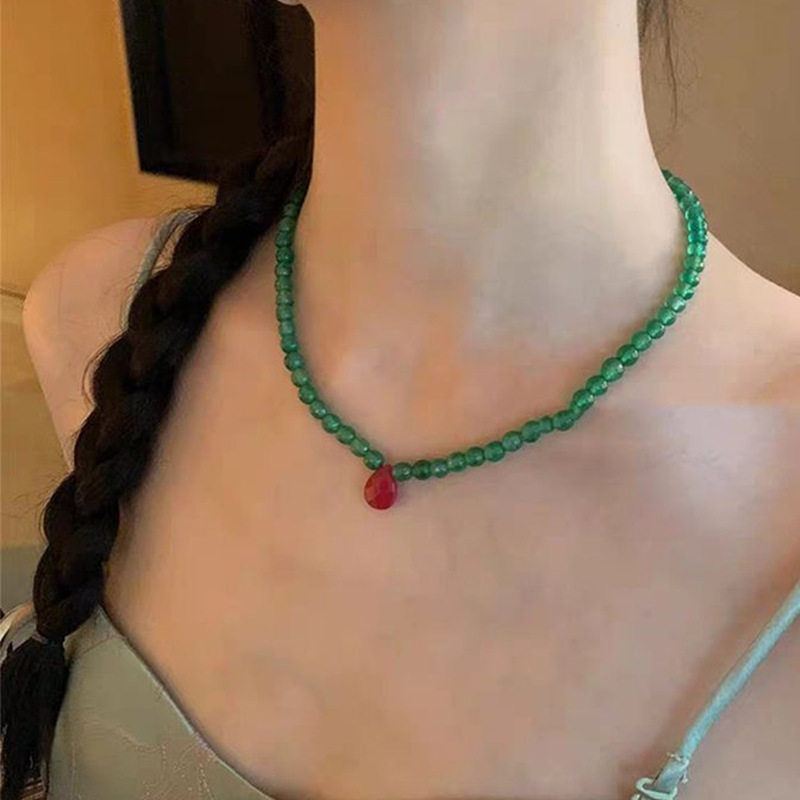 MONA张绮贤同款天然石串珠项链女绿玛瑙红水滴轻奢小众颈链锁骨链