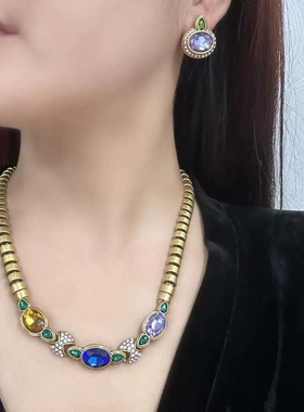 复古Vintage镀金几何图案琉璃颈项链时尚轻奢ins风高级感耳环套装