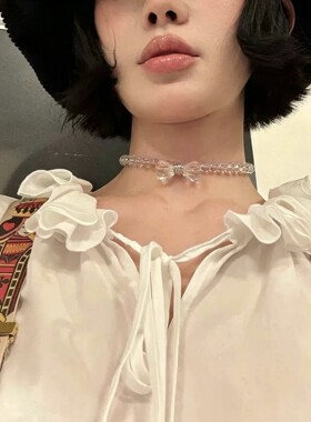 ins清冷蝴蝶结透明串珠锁骨链