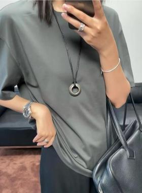 复古及简奢感铜镀古银毛衣链进口牛皮包芯可调节双绳光轮吊坠项链