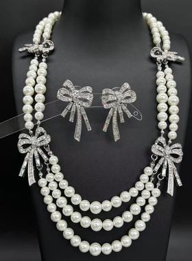 中古vintage复古蝴蝶结珍珠项链宫廷风小众气质多层链锁骨链项链