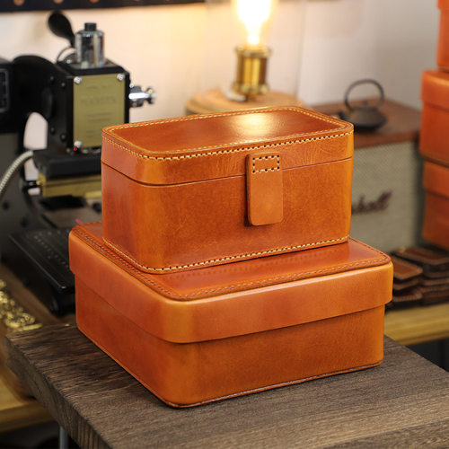 纯手工制作复古头层牛皮茶具收纳盒防压定型硬油蜡皮文玩收纳包