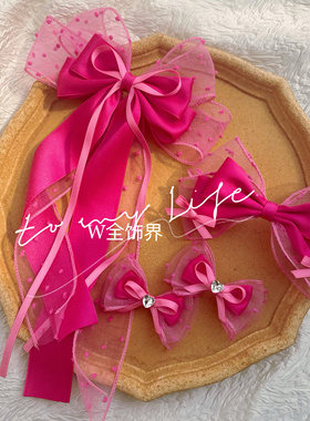 女童玫红色芭比多层蝴蝶结发夹爱心钻对夹洛丽塔发饰拍照写真配饰