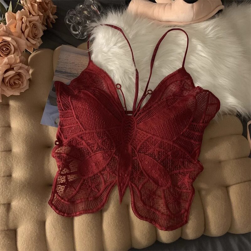 性感红色蕾丝美背背心文胸一体吊带女短款微透辣妹上衣抹胸内衣