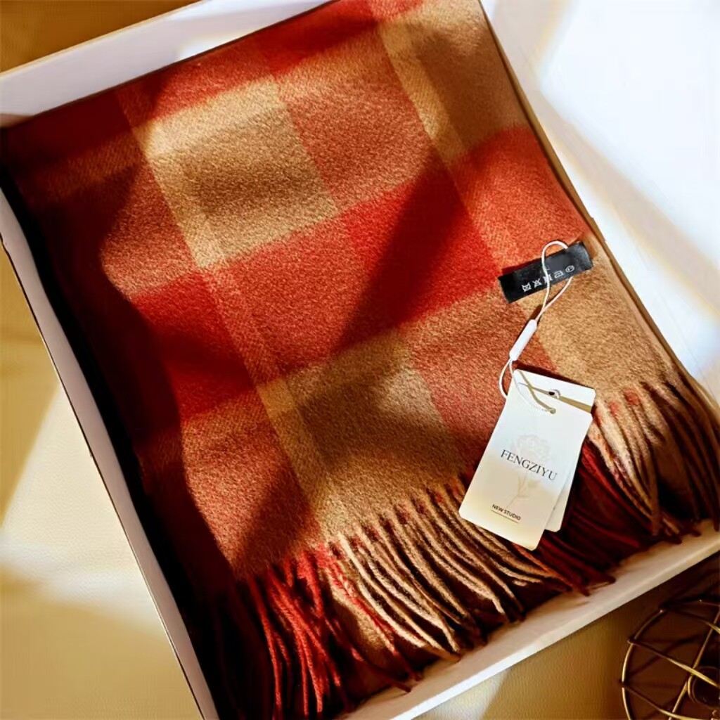 酒红绿色典英伦格子羊毛围巾