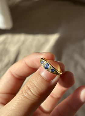 古董18K金蓝宝石钻石戒指