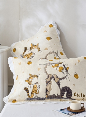 2024新款全棉枕巾一对装单人枕皮【非枕套】儿童卡通纱布纯棉小猫