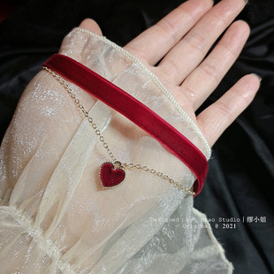 酒红色爱心choker 双层项链 黑蓝锁骨链颈带气质丝绒新娘敬酒礼物