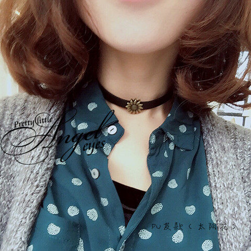 【四姑娘】手工定制原宿复古PU皮颈链双面雏菊脖链项圈项带锁骨链