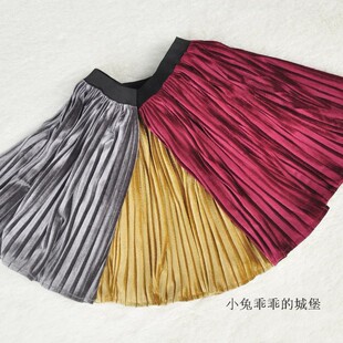 春秋季INS爆款 儿童装金丝绒长款复古百褶裙 宝宝半身裙女童裙子